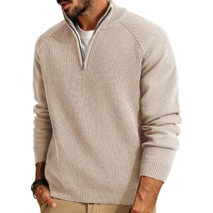 PJ PAUL JONES Mens Quarter Zip Pullover Sweater Turtleneck Raglan Long Sleeve Sweaters(Beige)