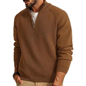 PJ PAUL JONES Mens Quarter Zip Pullover Sweater Turtleneck Raglan Long Sleeve Sweaters(Brown)