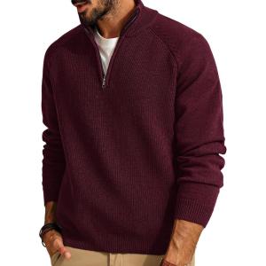PJ PAUL JONES Mens Quarter Zip Pullover Sweater Turtleneck Raglan Long Sleeve Sweaters(Burgundy)