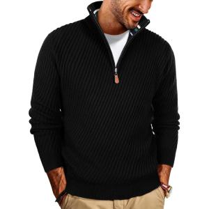 PJ PAUL JONES Mens Quarter Zip Pullover Sweaters Casual Knit Twill Texture Sweater(Black)