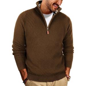 PJ PAUL JONES Mens Quarter Zip Pullover Sweaters Casual Knit Twill Texture Sweater(Coffee)