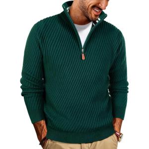 PJ PAUL JONES Mens Quarter Zip Pullover Sweaters Casual Knit Twill Texture Sweater(Green)