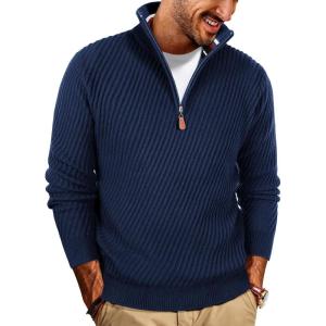 PJ PAUL JONES Mens Quarter Zip Pullover Sweaters Casual Knit Twill Texture Sweater(Navy Blue)