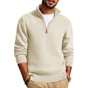 PJ PAUL JONES Mens Quarter Zip Pullover Sweaters Casual Slim Fit Knit Texture Sweater(Apricot)