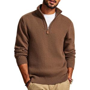 PJ PAUL JONES Mens Quarter Zip Pullover Sweaters Casual Slim Fit Knit Texture Sweater(Coffee)