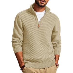 PJ PAUL JONES Mens Quarter Zip Pullover Sweaters Casual Slim Fit Knit Texture Sweater(Khaki)