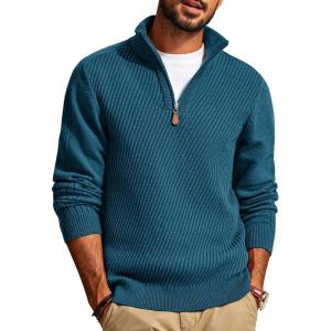 PJ PAUL JONES Mens Quarter Zip Pullover Sweaters Casual Slim Fit Knit Texture Sweater(Lake Blue)