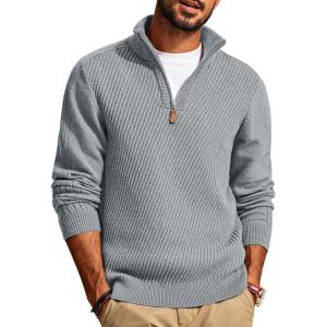 PJ PAUL JONES Mens Quarter Zip Pullover Sweaters Casual Slim Fit Knit Texture Sweater(Light Gray)