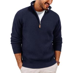 PJ PAUL JONES Mens Quarter Zip Pullover Sweaters Casual Slim Fit Knit Texture Sweater(Navy Blue)