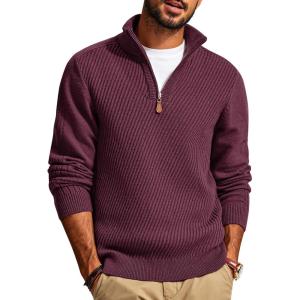 PJ PAUL JONES Mens Quarter Zip Pullover Sweaters Casual Slim Fit Knit Texture Sweater(Wine Red)