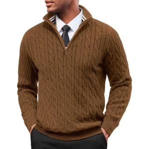 PJ PAUL JONES Mens Quarter Zip Sweater Cable Knitted Pullover Sweaters Textured Solid Colors Sweater(Brown)