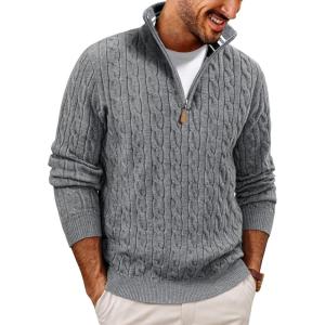 PJ PAUL JONES Mens Quarter Zip Sweater Cable Knitted Pullover Sweaters Textured Solid Colors Sweater(Gray)
