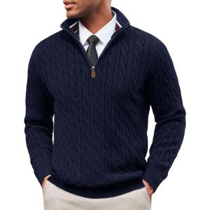 PJ PAUL JONES Mens Quarter Zip Sweater Cable Knitted Pullover Sweaters Textured Solid Colors Sweater(Navy Blue)