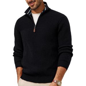 PJ PAUL JONES Mens Quarter Zip Sweater Long Sleeve Casual Pullover Knitted Textured Dress Sweaters(Black)