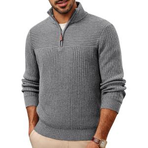PJ PAUL JONES Mens Quarter Zip Sweater Long Sleeve Casual Pullover Knitted Textured Dress Sweaters(Gray)