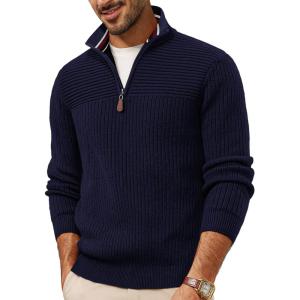 PJ PAUL JONES Mens Quarter Zip Sweater Long Sleeve Casual Pullover Knitted Textured Dress Sweaters(Navy Blue)