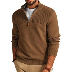 PJ PAUL JONES Men’s Quarter Zip Sweater Slim Fit Casual Pullover Sweater Mock Neck Polo Sweaters(Coffee)