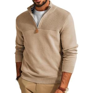 PJ PAUL JONES Men’s Quarter Zip Sweater Slim Fit Casual Pullover Sweater Mock Neck Polo Sweaters(Khaki)
