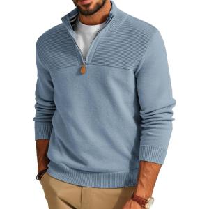 PJ PAUL JONES Men’s Quarter Zip Sweater Slim Fit Casual Pullover Sweater Mock Neck Polo Sweaters(Light Blue)