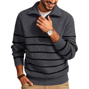 PJ PAUL JONES Mens Quarter Zip Sweater Striped Mock Neck Pullover Sweater Regular Fit Sweater(Dark Grey)