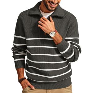 PJ PAUL JONES Mens Quarter Zip Sweater Striped Mock Neck Pullover Sweater Regular Fit Sweater(Grey Green)