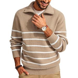 PJ PAUL JONES Mens Quarter Zip Sweater Striped Mock Neck Pullover Sweater Regular Fit Sweater(Khaki)