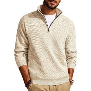 PJ PAUL JONES Men’s Quarter Zip Sweaters Slim Fit Long Sleeve Casual Pullover Sweater Knit Textured Mock Neck Polo Sweaters(Beige)
