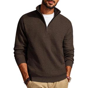 PJ PAUL JONES Men’s Quarter Zip Sweaters Slim Fit Long Sleeve Casual Pullover Sweater Knit Textured Mock Neck Polo Sweaters(Coffee)