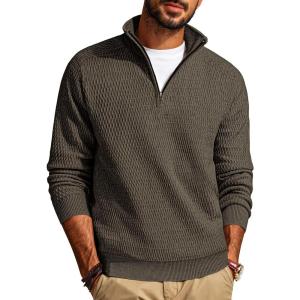 PJ PAUL JONES Men’s Quarter Zip Sweaters Slim Fit Long Sleeve Casual Pullover Sweater Knit Textured Mock Neck Polo Sweaters(Dark Brown)