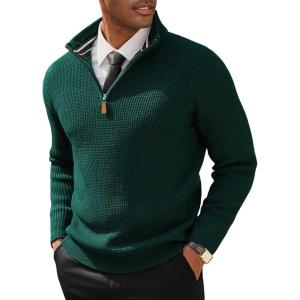 PJ PAUL JONES Men’s Quarter Zip Sweaters Slim Fit Long Sleeve Casual Pullover Sweater Knit Textured Mock Neck Polo Sweaters(Dark Green Waffle)