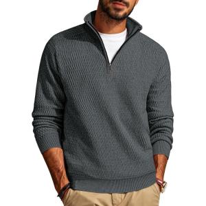 PJ PAUL JONES Men’s Quarter Zip Sweaters Slim Fit Long Sleeve Casual Pullover Sweater Knit Textured Mock Neck Polo Sweaters(Dark Grey)