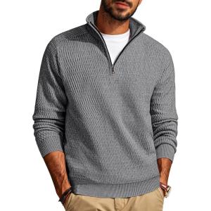 PJ PAUL JONES Men’s Quarter Zip Sweaters Slim Fit Long Sleeve Casual Pullover Sweater Knit Textured Mock Neck Polo Sweaters(Grey)