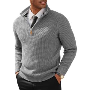 PJ PAUL JONES Men’s Quarter Zip Sweaters Slim Fit Long Sleeve Casual Pullover Sweater Knit Textured Mock Neck Polo Sweaters(Grey Waffle)