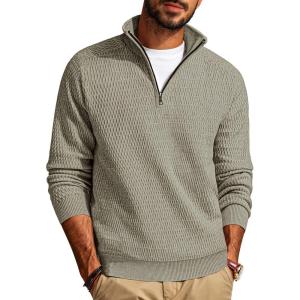 PJ PAUL JONES Men’s Quarter Zip Sweaters Slim Fit Long Sleeve Casual Pullover Sweater Knit Textured Mock Neck Polo Sweaters(Khaki Green)