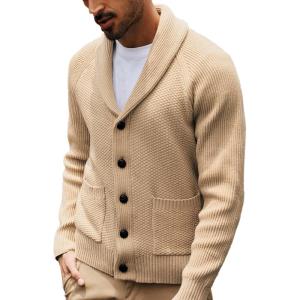 PJ PAUL JONES Mens Shawl Collar Cardigan Sweaters Knit Textured Sweater Button Down Cardigans(Camel)