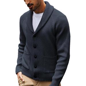 PJ PAUL JONES Mens Shawl Collar Cardigan Sweaters Knit Textured Sweater Button Down Cardigans(D-blue Grey)