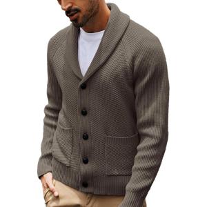 PJ PAUL JONES Mens Shawl Collar Cardigan Sweaters Knit Textured Sweater Button Down Cardigans(D-light Khaki)