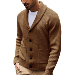 PJ PAUL JONES Mens Shawl Collar Cardigan Sweaters Knit Textured Sweater Button Down Cardigans(Light Coffee)