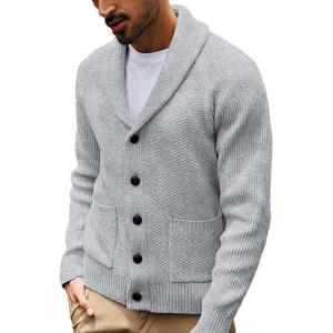 PJ PAUL JONES Mens Shawl Collar Cardigan Sweaters Knit Textured Sweater Button Down Cardigans(Light Grey)