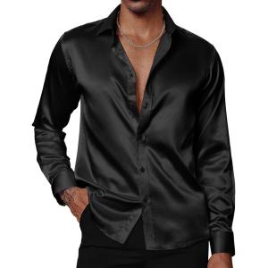 PJ PAUL JONES Men’s Shiny Satin Dress Shirts Long Sleeve Button Down Silk Shirt with Bow Tie(Black)