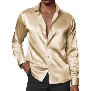 PJ PAUL JONES Men’s Shiny Satin Dress Shirts Long Sleeve Button Down Silk Shirt with Bow Tie(Gold)