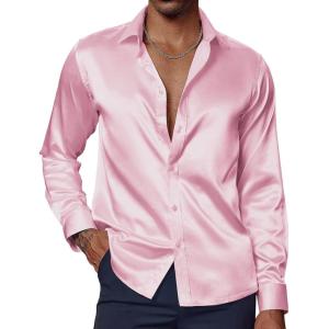 PJ PAUL JONES Men’s Shiny Satin Dress Shirts Long Sleeve Button Down Silk Shirt with Bow Tie(Pink)
