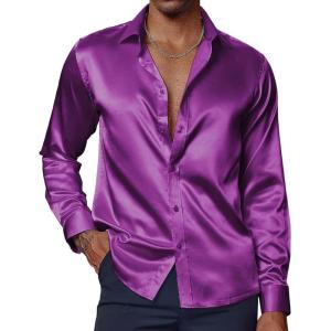 PJ PAUL JONES Men’s Shiny Satin Dress Shirts Long Sleeve Button Down Silk Shirt with Bow Tie(Purple)