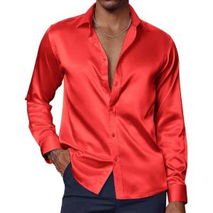 PJ PAUL JONES Men’s Shiny Satin Dress Shirts Long Sleeve Button Down Silk Shirt with Bow Tie(Red)