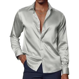 PJ PAUL JONES Men’s Shiny Satin Dress Shirts Long Sleeve Button Down Silk Shirt with Bow Tie(Silver Grey)