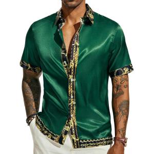 PJ PAUL JONES Mens Short Sleeve Button Down Shirts Casual Stretch Satin Silk Hawaiian Beach Shirt(Dark Green)
