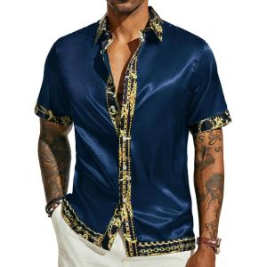 PJ PAUL JONES Mens Short Sleeve Button Down Shirts Casual Stretch Satin Silk Hawaiian Beach Shirt(Navy Blue)