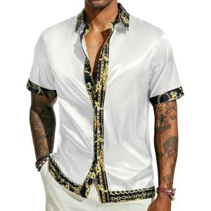 PJ PAUL JONES Mens Short Sleeve Button Down Shirts Casual Stretch Satin Silk Hawaiian Beach Shirt(White)