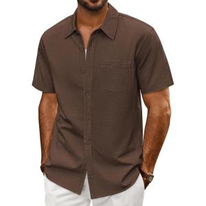 PJ PAUL JONES Mens Short Sleeve Button Down Shirts Summer Beach Shirts Untuckit Cotton Shirt with Pocket(Brown)