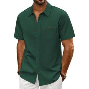 PJ PAUL JONES Mens Short Sleeve Button Down Shirts Summer Beach Shirts Untuckit Cotton Shirt with Pocket(Green)
